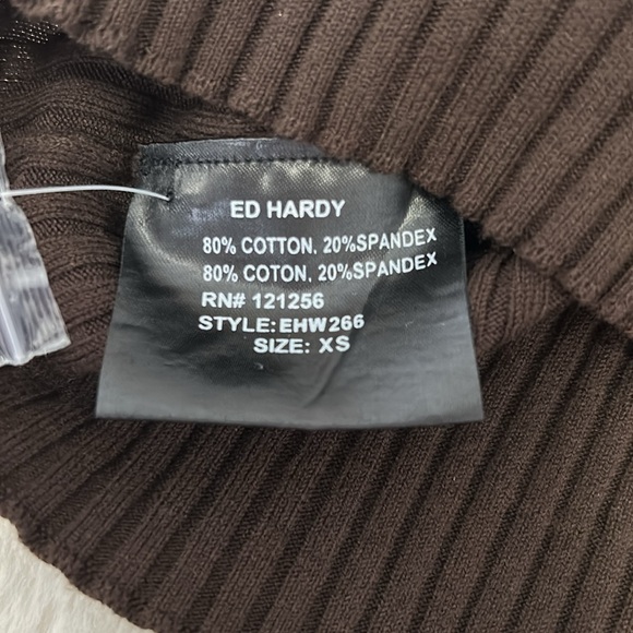 Ed Hardy Brown Ribbed Rhinestone Cold Shoulder Sweater - Picture 11 of 12